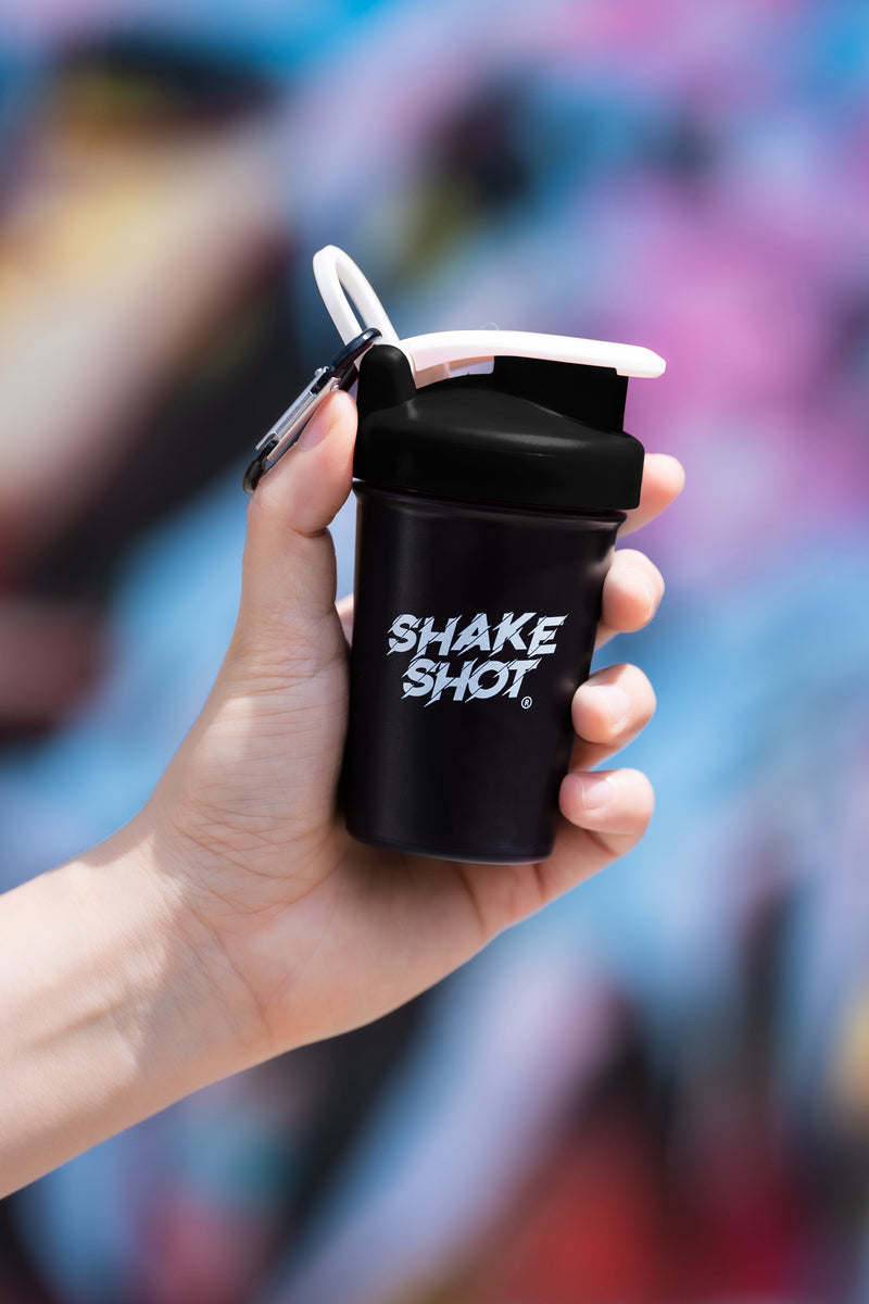 Shake Shot 4 oz black mini shaker bottle with carabiner clip and stainless shaker ball