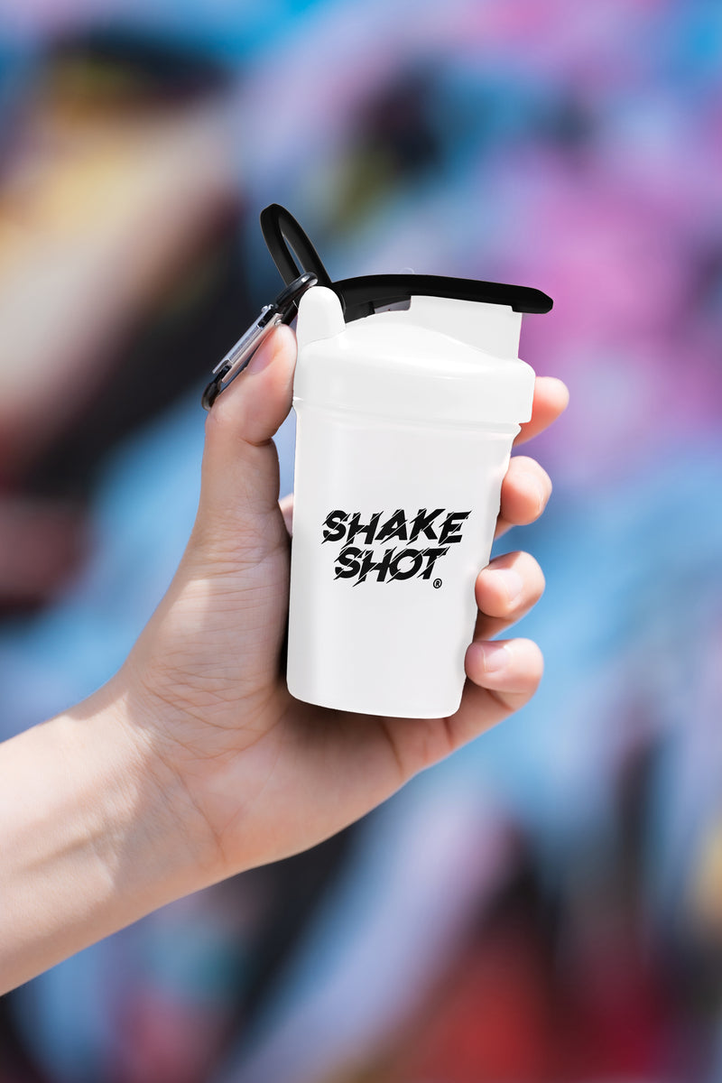 Bote Mini de 4 oz Shake Shot para Pre-entreno y Suplementos con Clip y Bola Mezcladora