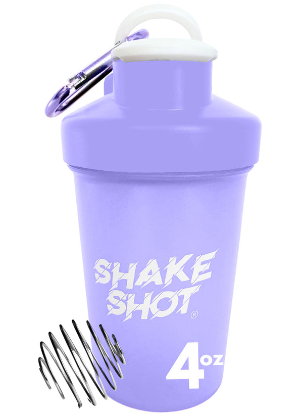 Shake Shot 4 oz Mini Shaker Bottle — Pre-Workout & Supplement Cup with Clip & Shaker Ball, Purple