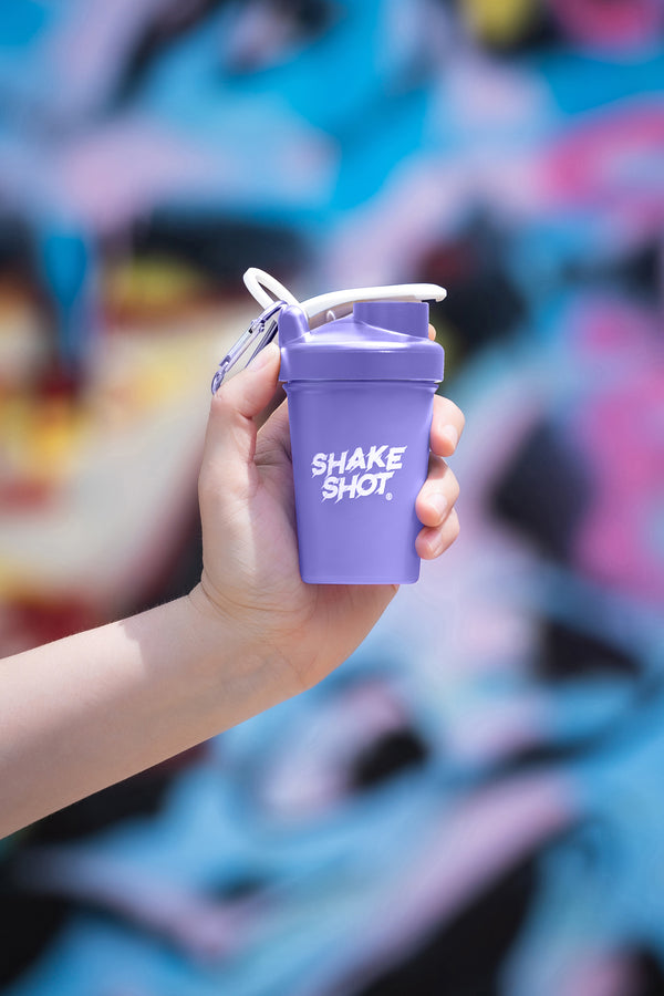 Shake Shot 4 oz Mini Shaker Bottle — Pre-Workout & Supplement Cup with Clip & Shaker Ball, Purple