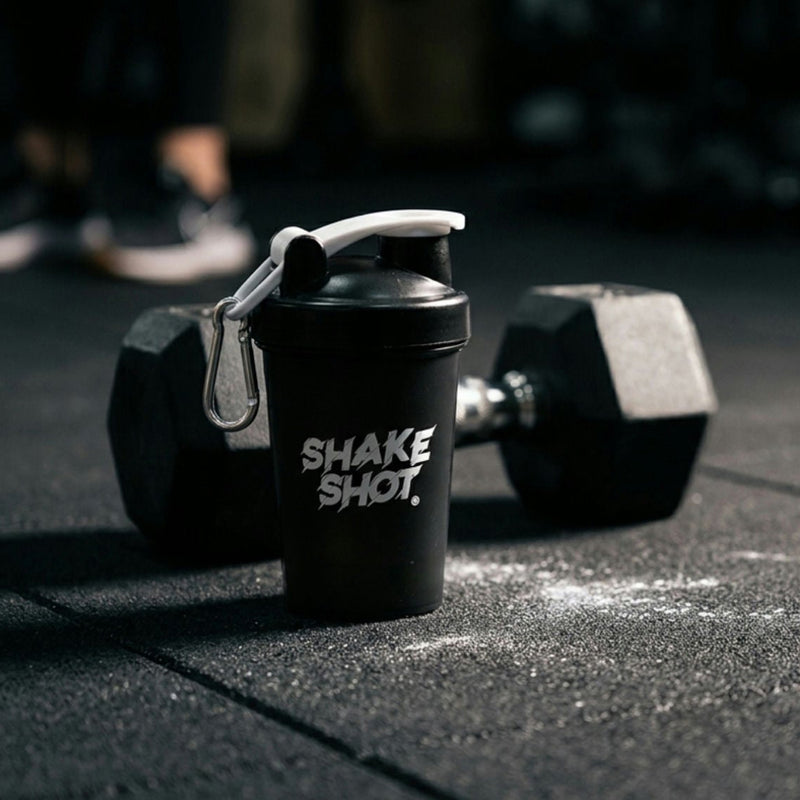 Shake Shot 4 oz Mini Shaker Bottle — Pre-Workout & Supplement Cup with Clip & Shaker Ball, Black