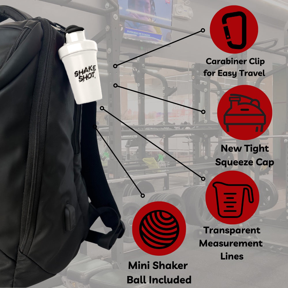 Shake Shot 4 oz White Mini Pre-workout & Supplement Bottle with Clip & Shaker Ball