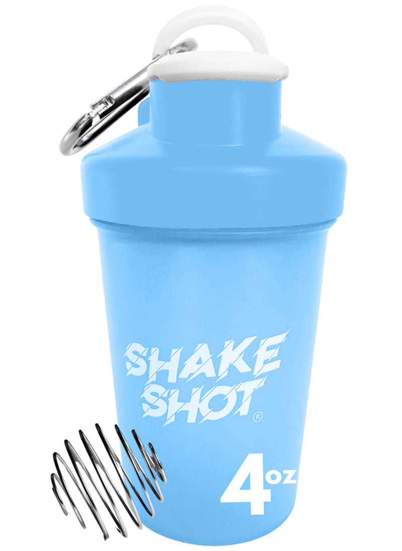 Shake Shot 4 oz blue mini shaker bottle, side view