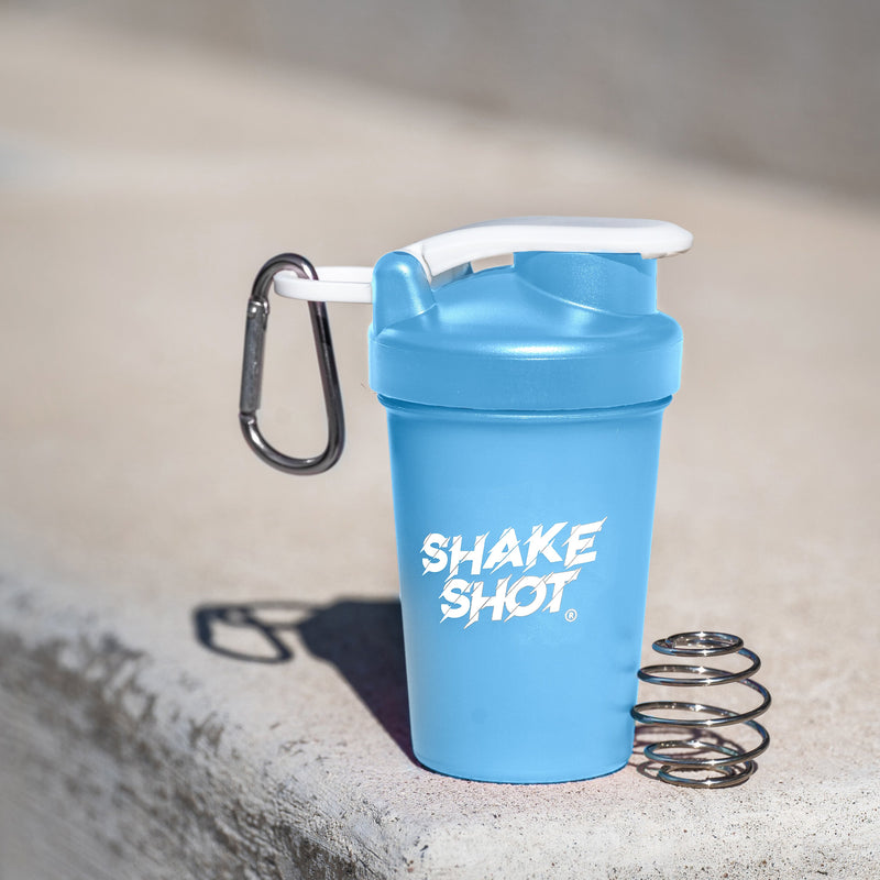 Shake Shot 4 oz blue mini shaker bottle, close-up