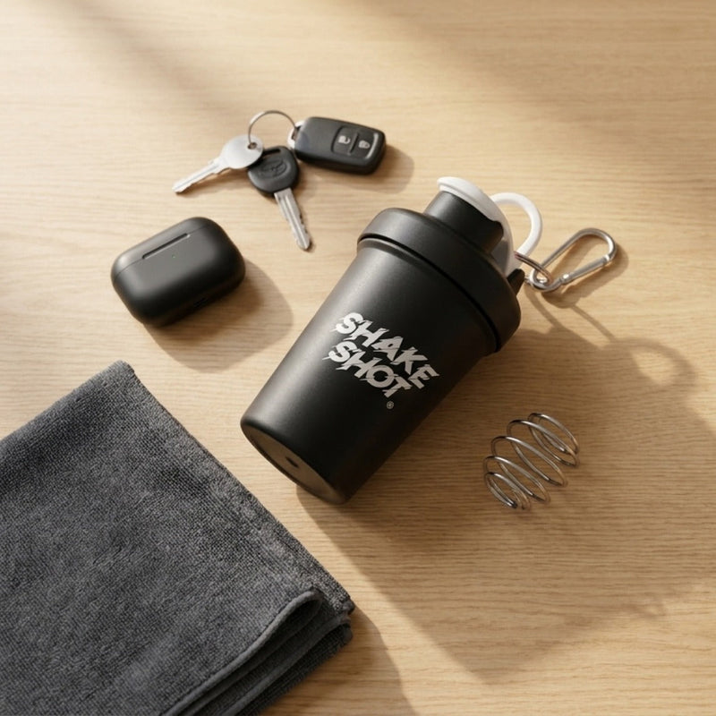 Shake Shot 4 oz black mini shaker bottle on a wooden desk with car keys, earbuds and the shaker spring