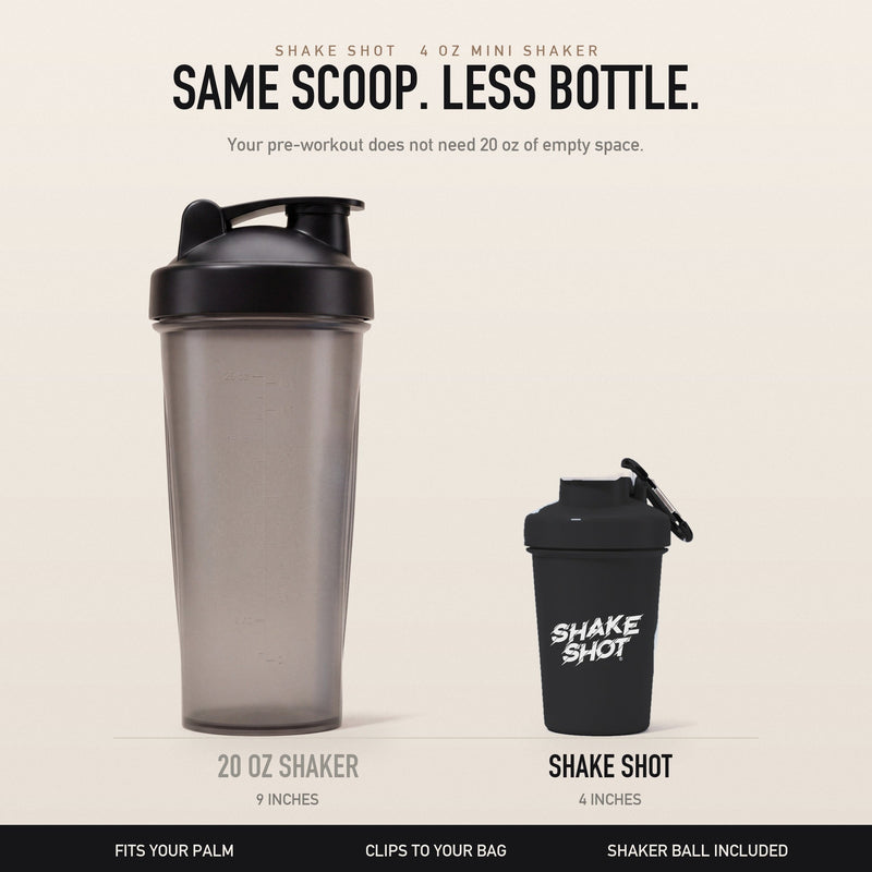 Shake Shot 4 oz mini shaker in black shown beside a 20 oz shaker bottle for size comparison