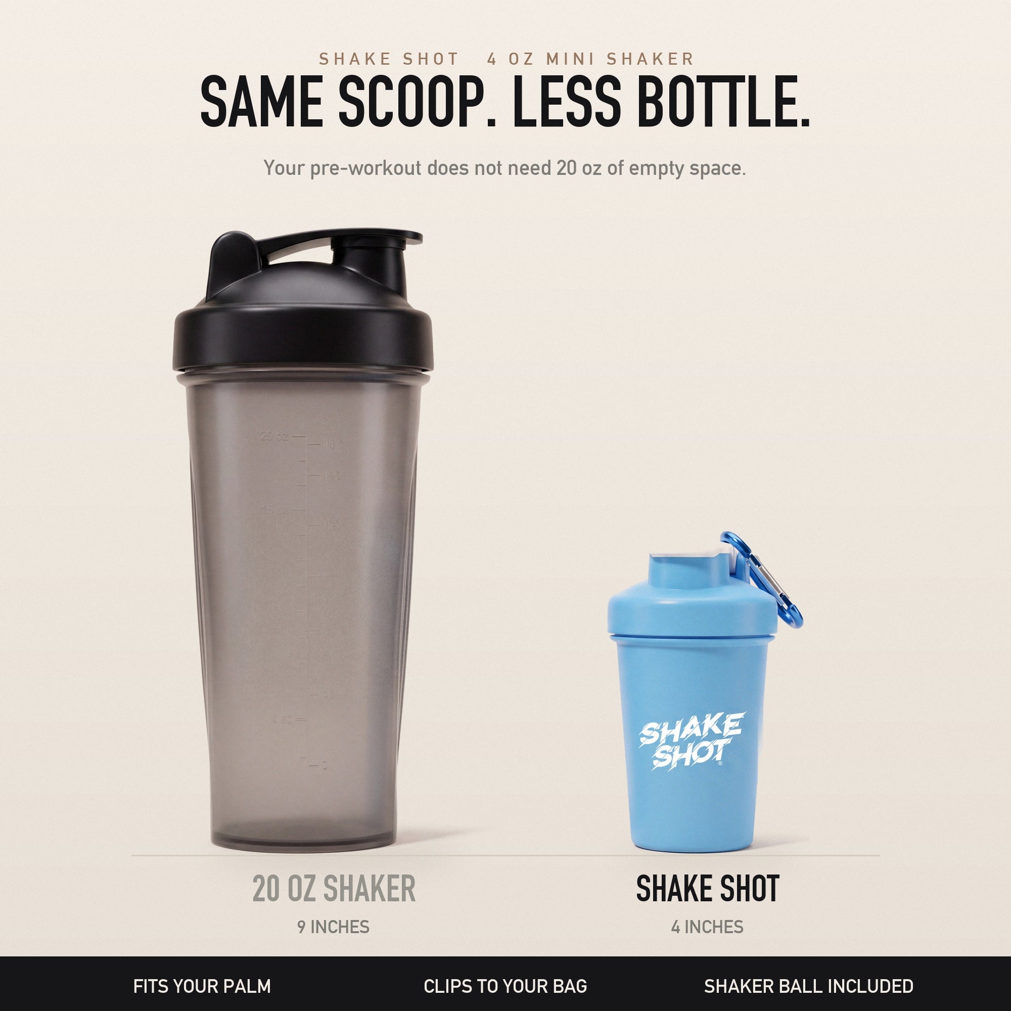 Shake Shot 4 oz blue mini shaker bottle held in hand